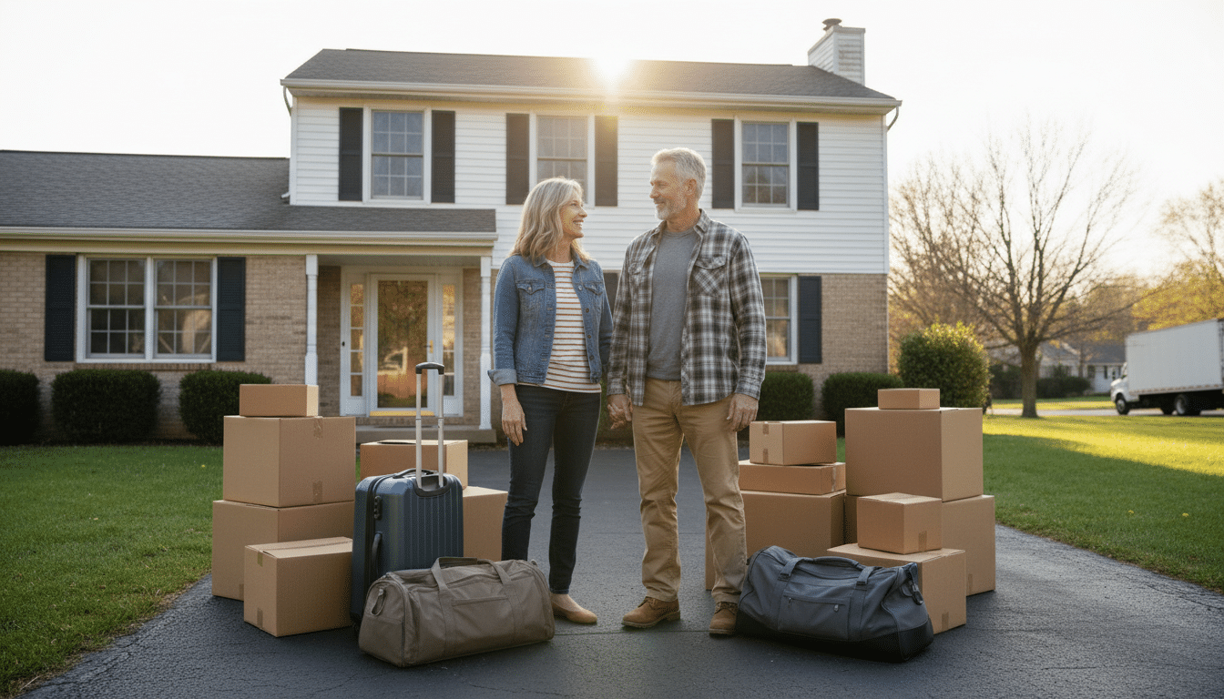 Couple de quinquagénaires prêts à quitter leur maison pour voyager