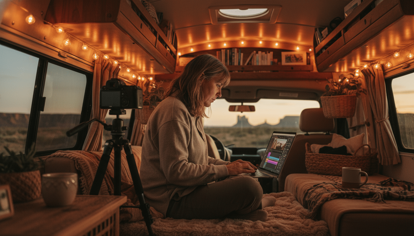 Femme éditant une vidéo dans un van aménagé pour le voyage