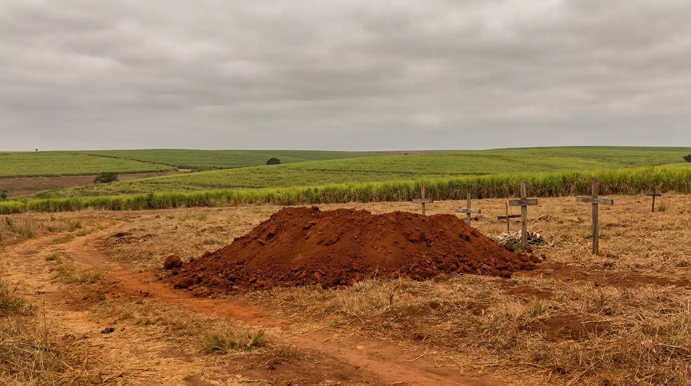 Tombe fraîchement creusée dans un paysage rural africain