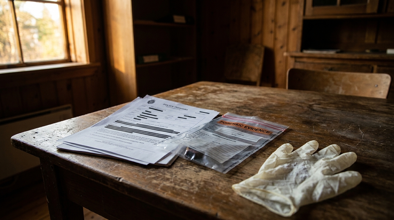 Documents d'enquête et gants sur une table en bois
