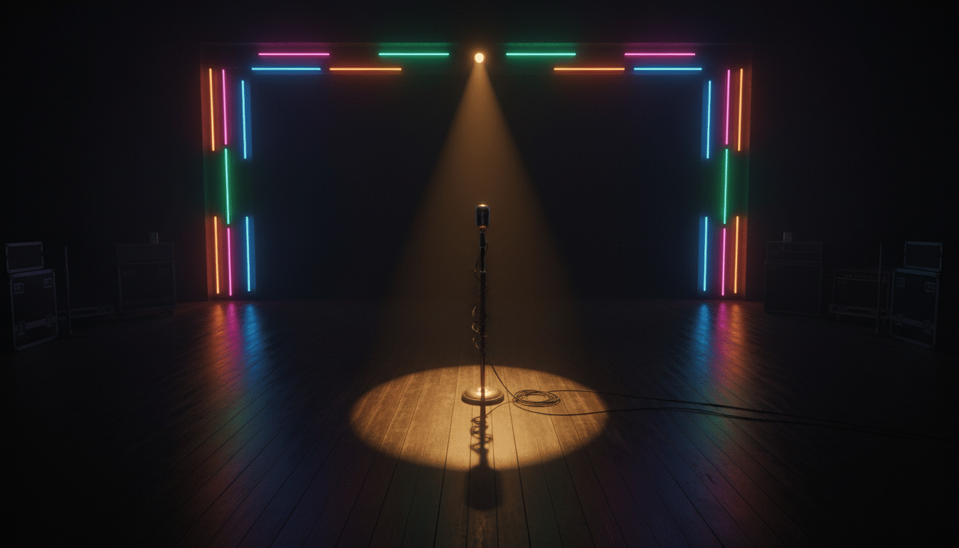 Scène de concert vide avec éclairage années 80 et micro en lumière