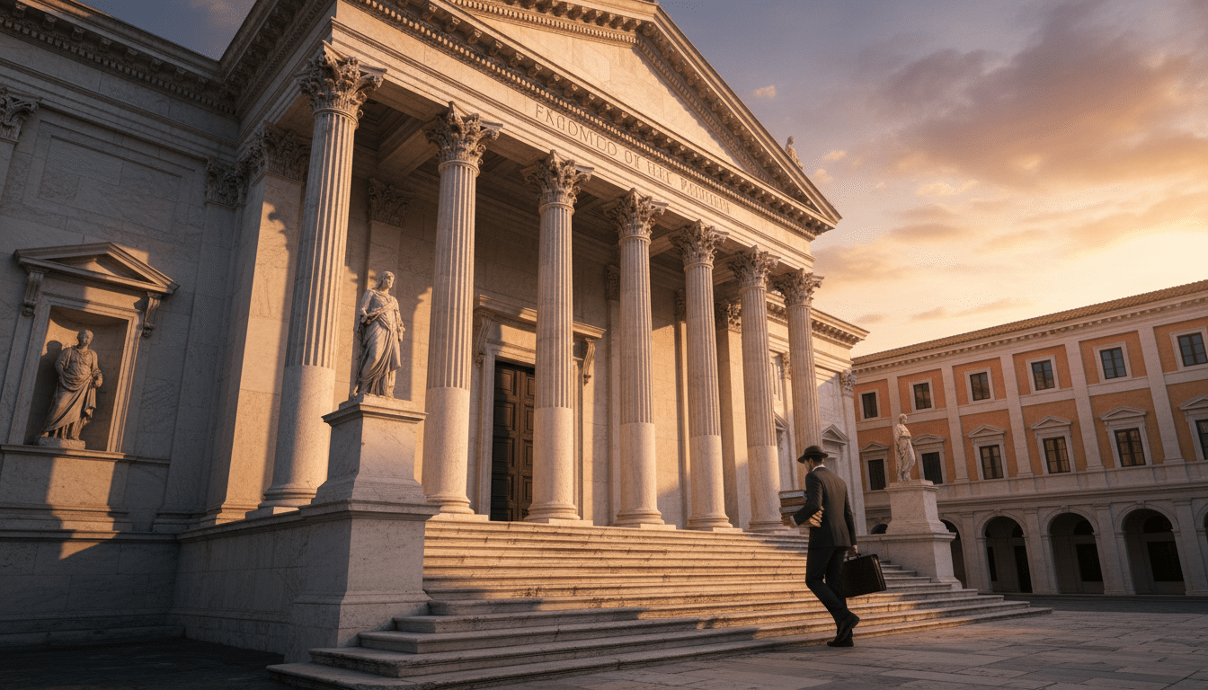 Façade d'un tribunal italien au coucher du soleil