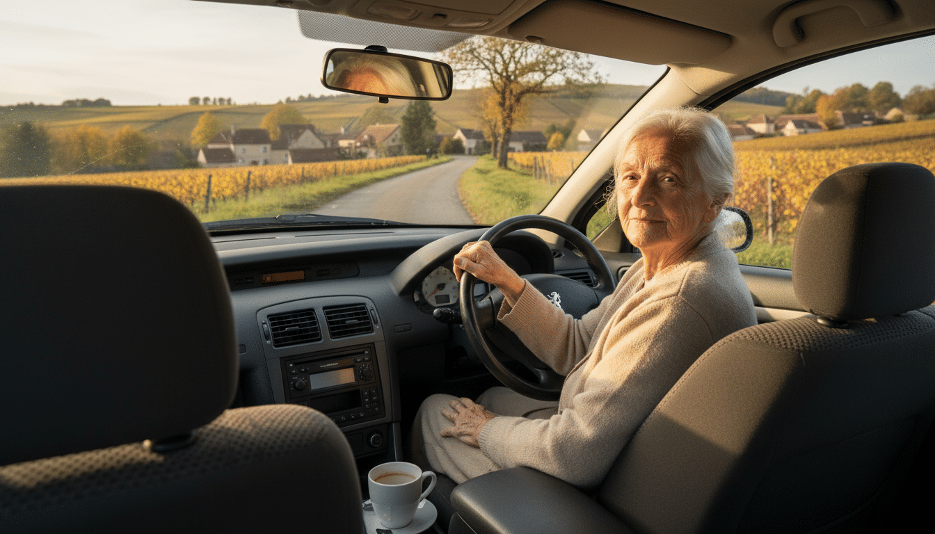 Femme de 80 ans au volant sur une route de campagne