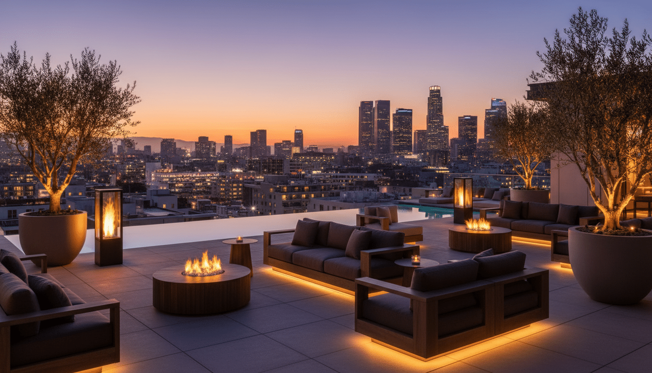 Terrasse de penthouse luxueux à Los Angeles de nuit avec vue sur les lumières de la ville