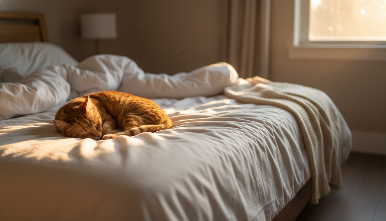 Chat tigré endormi sur un lit aux draps froissés
