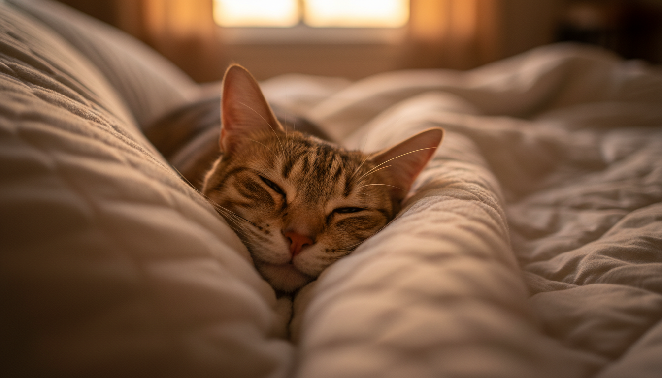 Chat pressant son nez contre un oreiller sur un lit