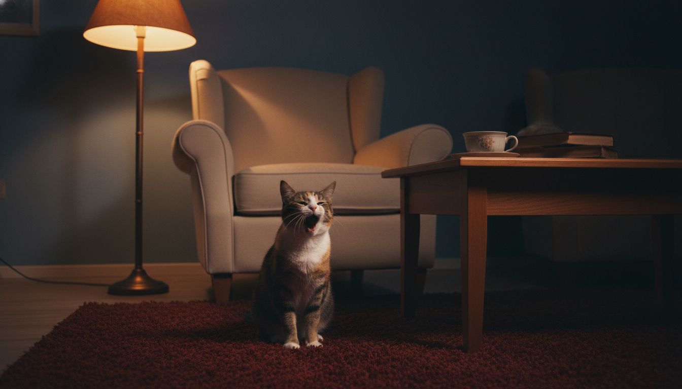 Chat miaulant seul dans un salon éclairé à la lumière tamisée