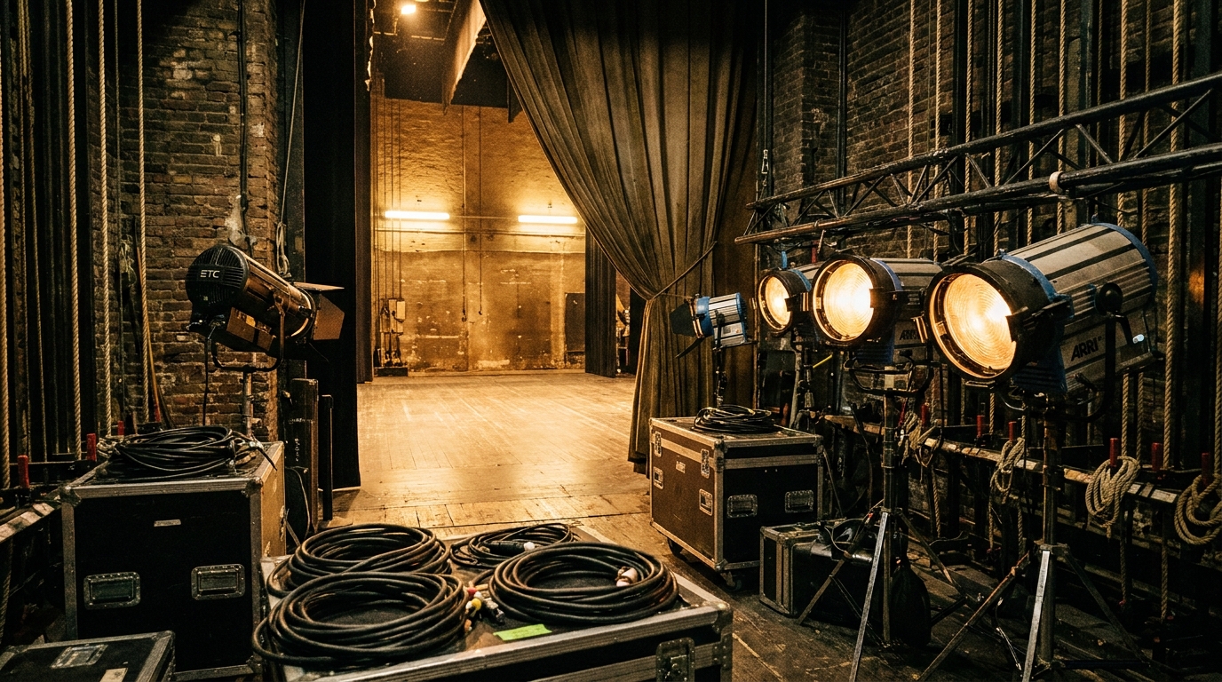 Coulisses de théâtre avec équipements techniques d'éclairage et scène vide