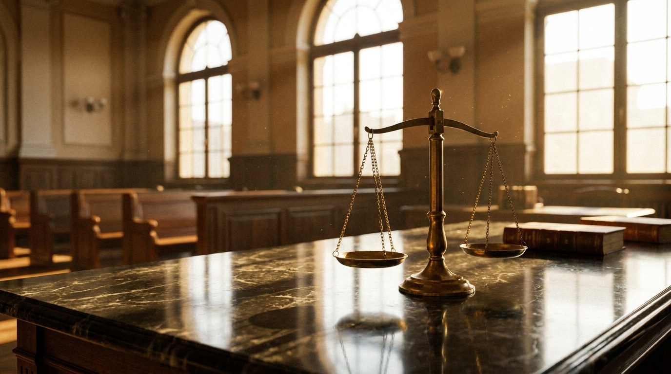 Balance de la justice sur une table de tribunal en marbre