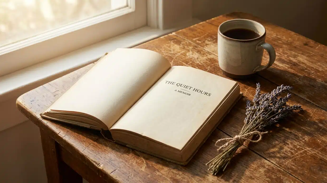 Livre de mémoires ouvert sur une table en bois avec lavande et tasse de thé