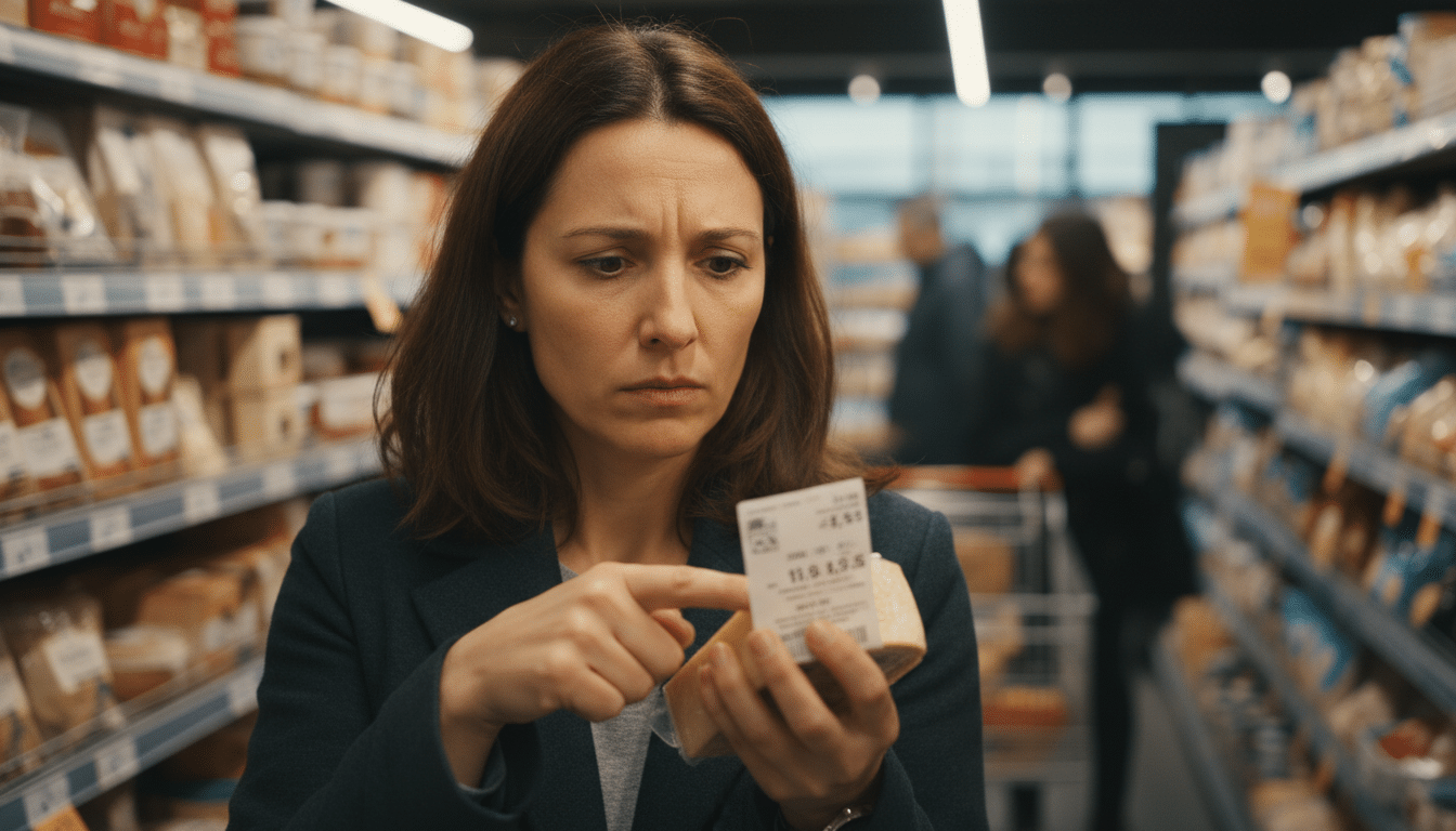 Consommateur inquiet vérifiant les prix en supermarché