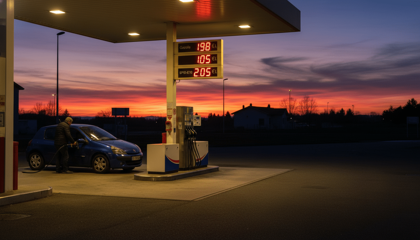 Station-essence française avec prix élevés au coucher du soleil