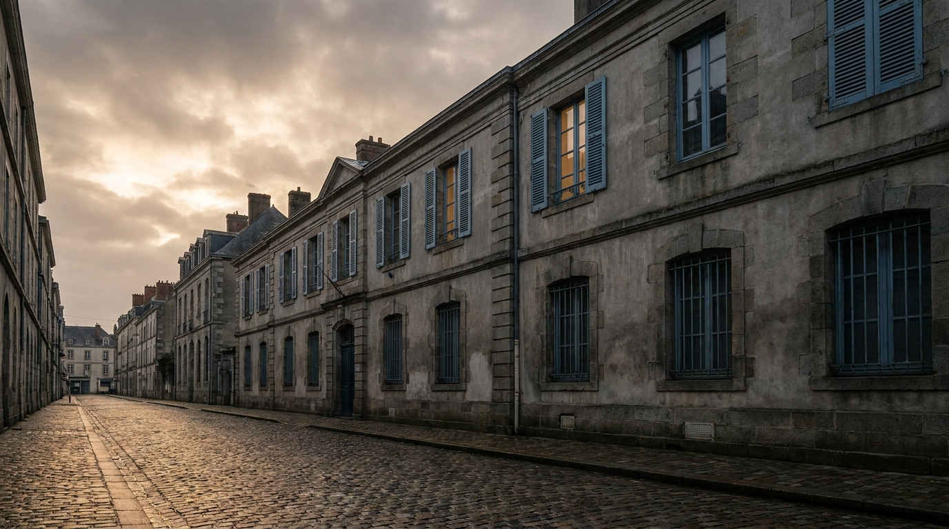 Façade d'un commissariat de police à Nantes à l'aube