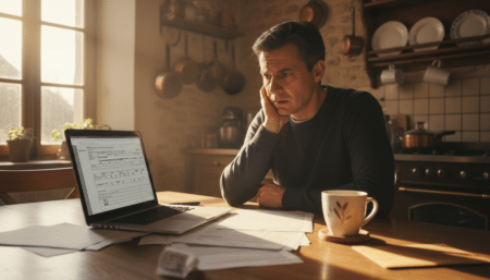 Contribuable inquiet devant sa déclaration d'impôts en ligne