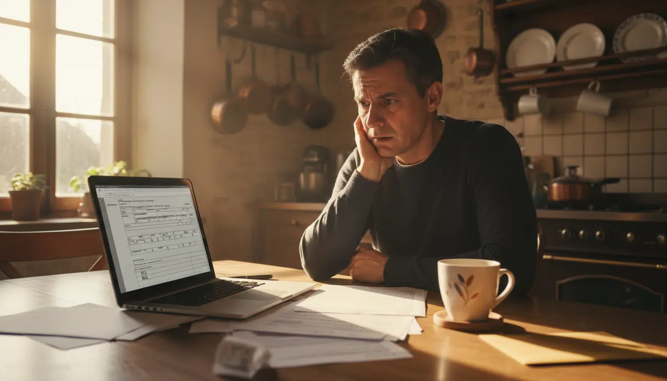 Contribuable inquiet devant sa déclaration d'impôts en ligne