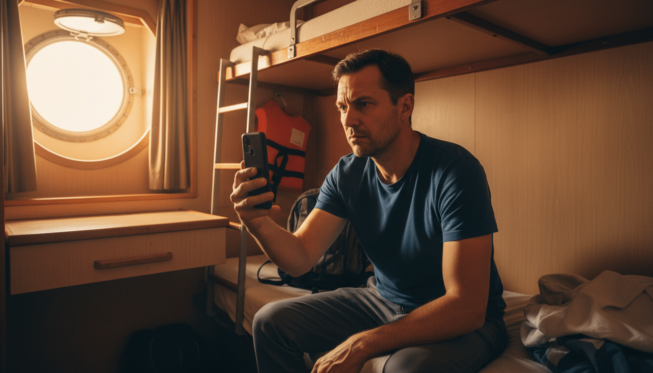 Passager confiné filmant un message depuis sa cabine