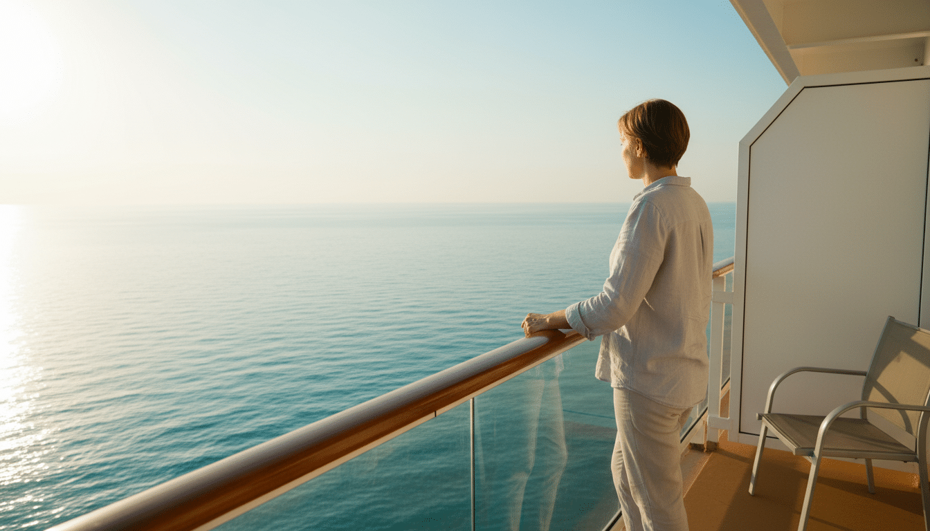 Passager prenant l'air sur le balcon de sa cabine
