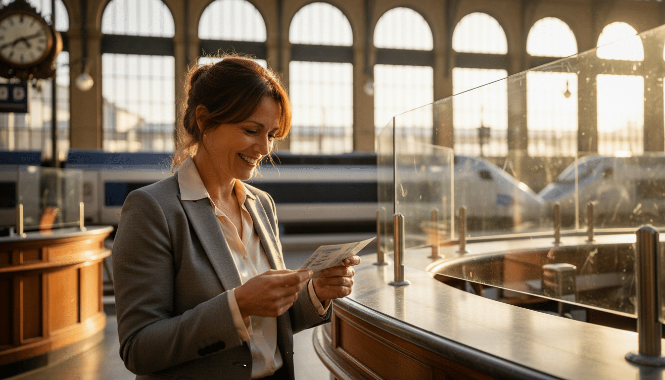 Voyageuse souriante avec un billet à un guichet SNCF