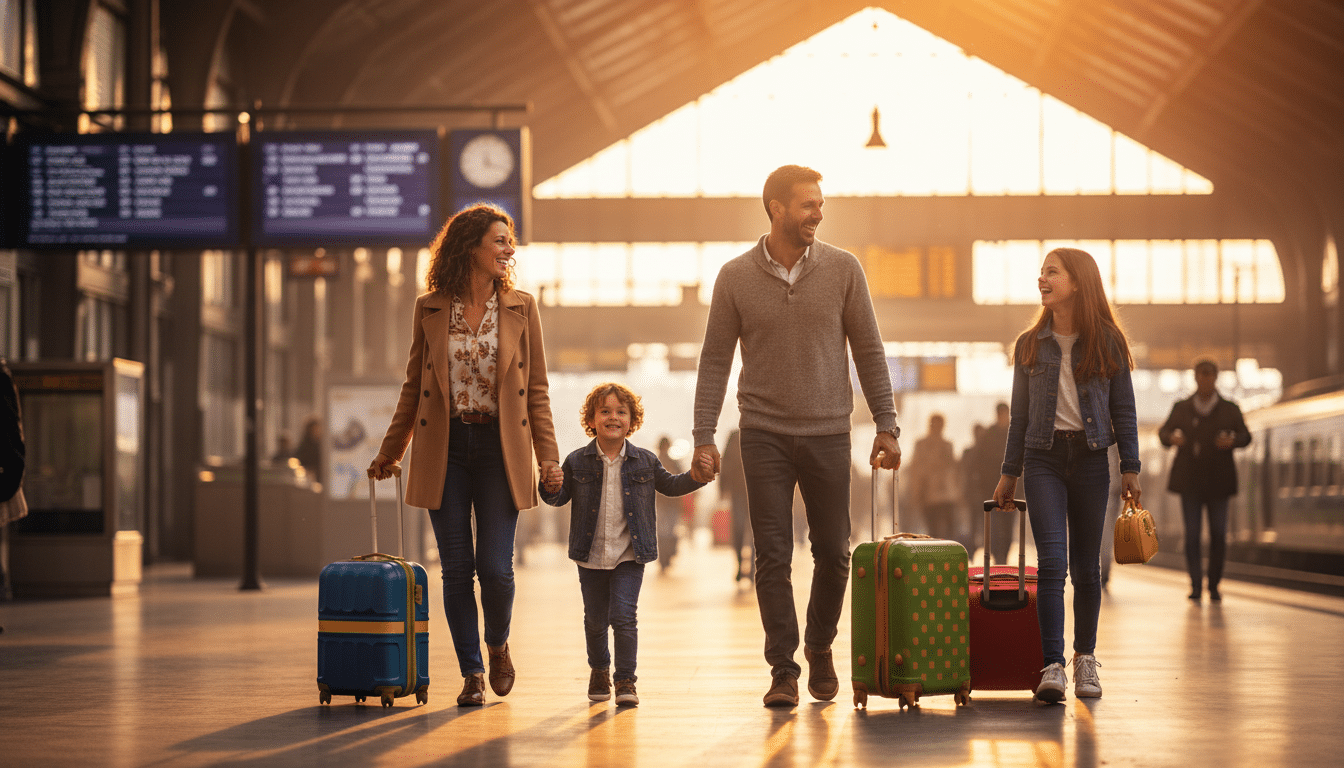 Famille avec valises dans un couloir de gare ensoleillé