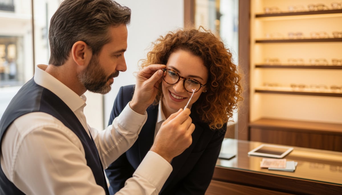 Opticien ajustant des lunettes avec billet d'euro visible