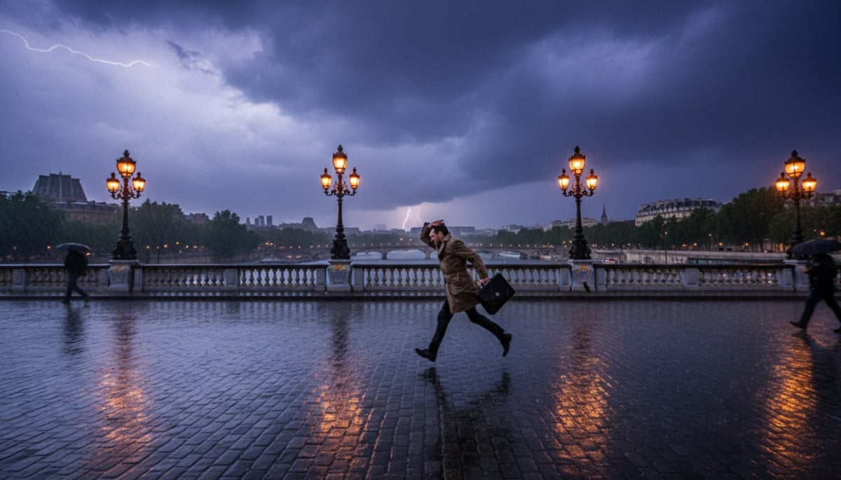 Orage sur un pont parisien avec pluie battante