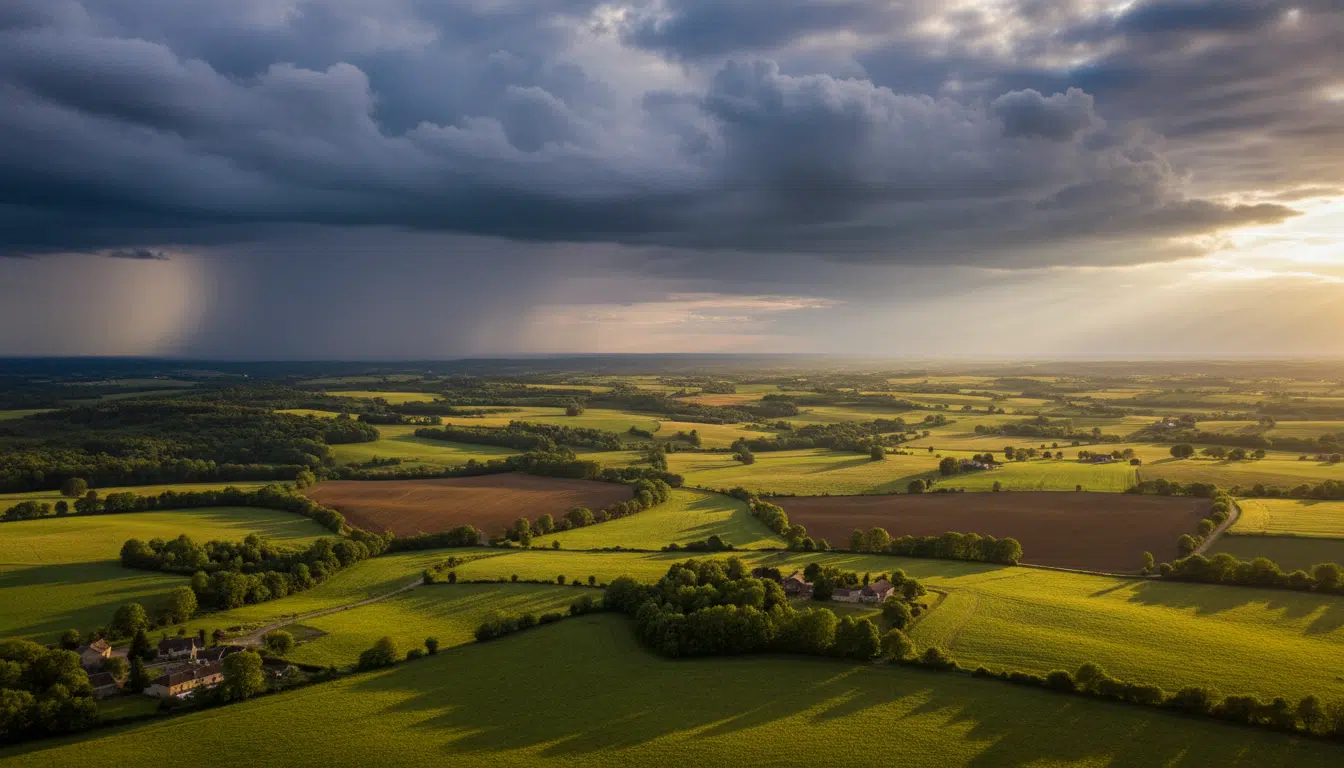 Ciel orageux menaçant au-dessus de la campagne française