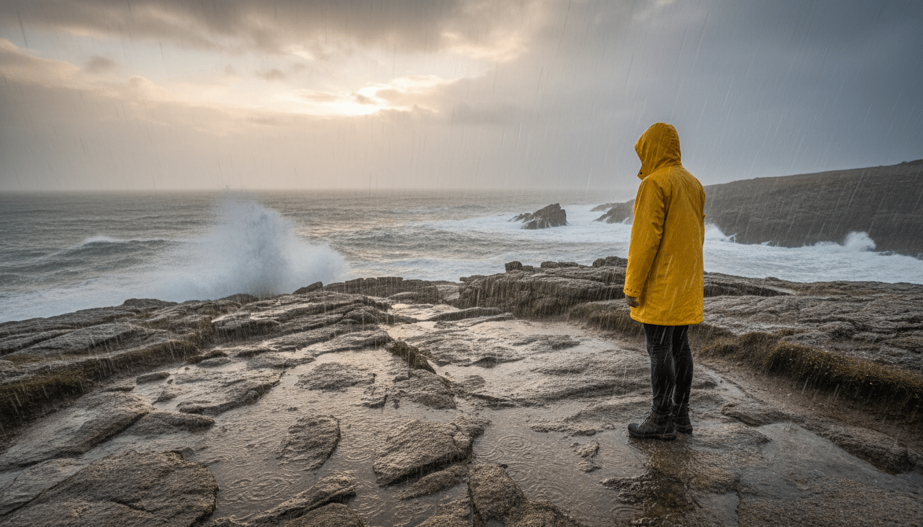 Personne sous la pluie sur un sentier côtier breton