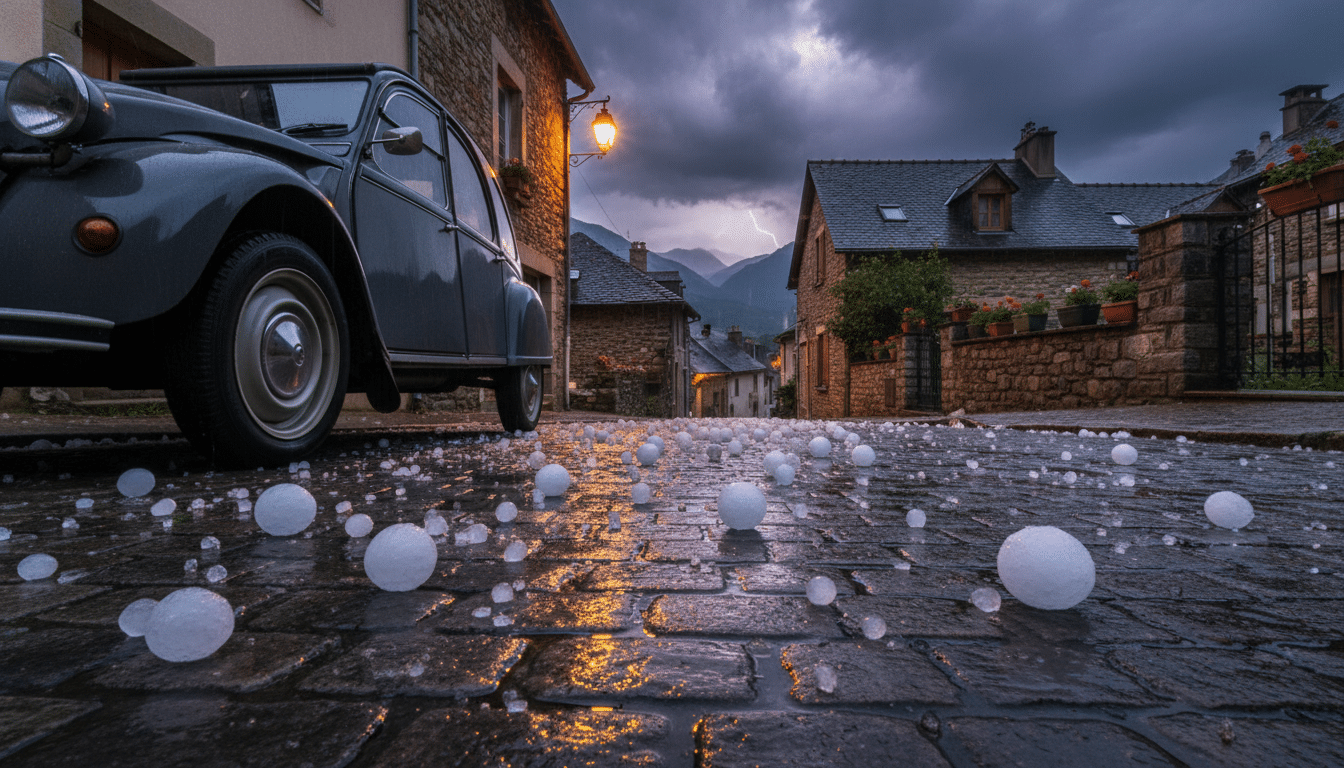 Grêlons au sol près d'une voiture dans un village pyrénéen