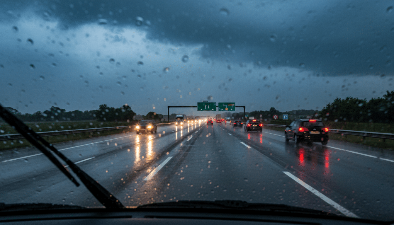 Voitures roulant sous la pluie sur autoroute normande