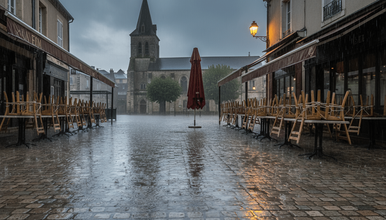 Place de village française déserte sous la pluie un dimanche