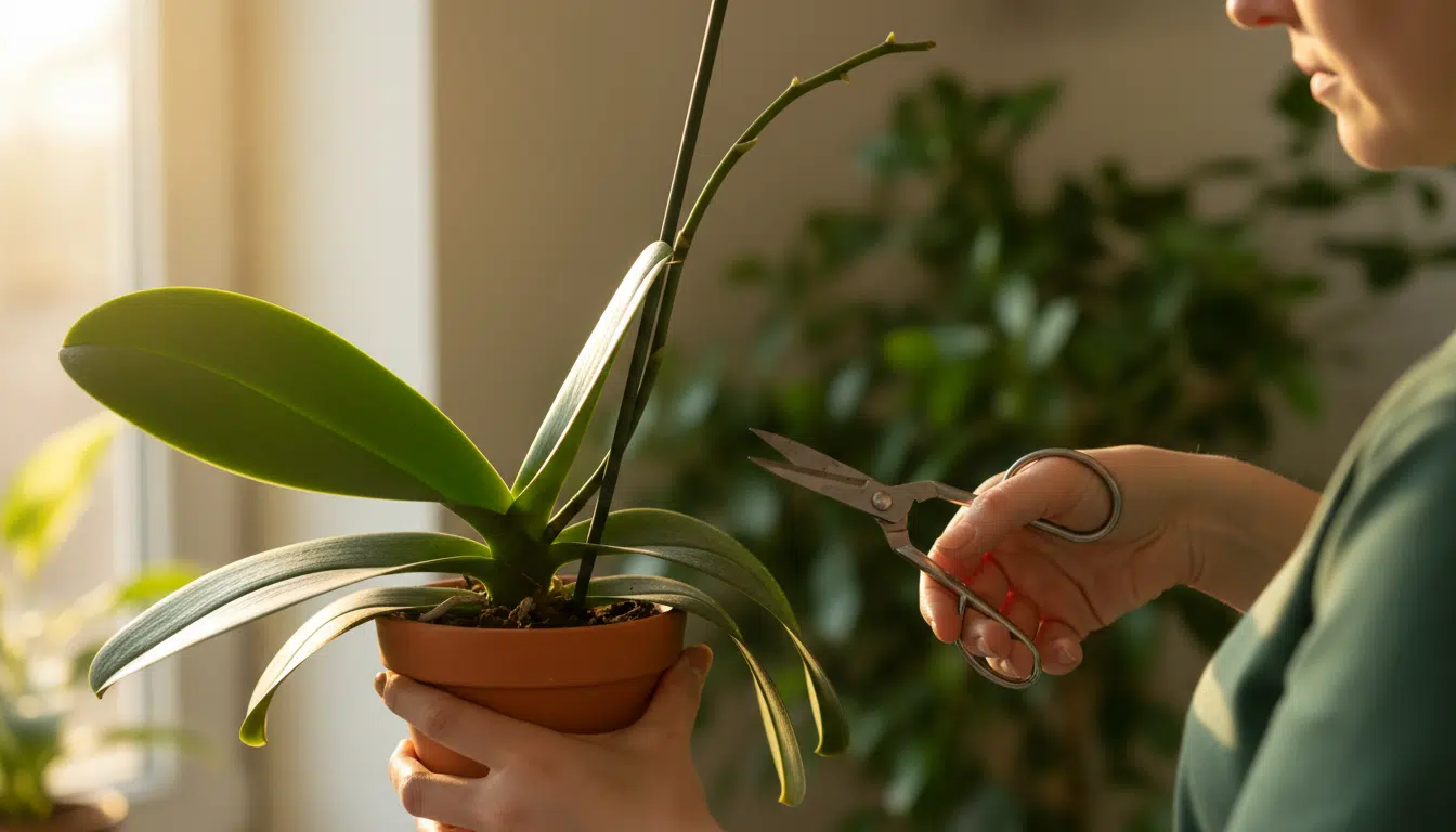 Mains hésitant à couper une hampe d'orchidée verte