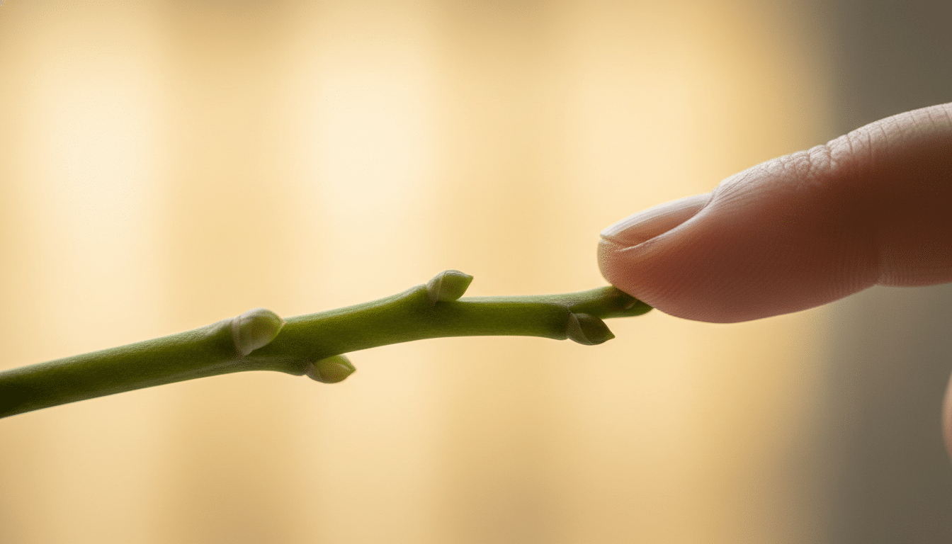 Doigt pointant le troisième œil sur une tige d'orchidée
