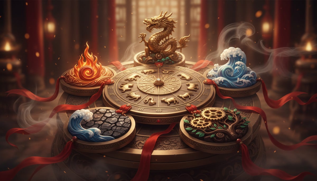 Ornate Chinese zodiac compass surrounded by five elements symbols (fire water earth metal wood), red