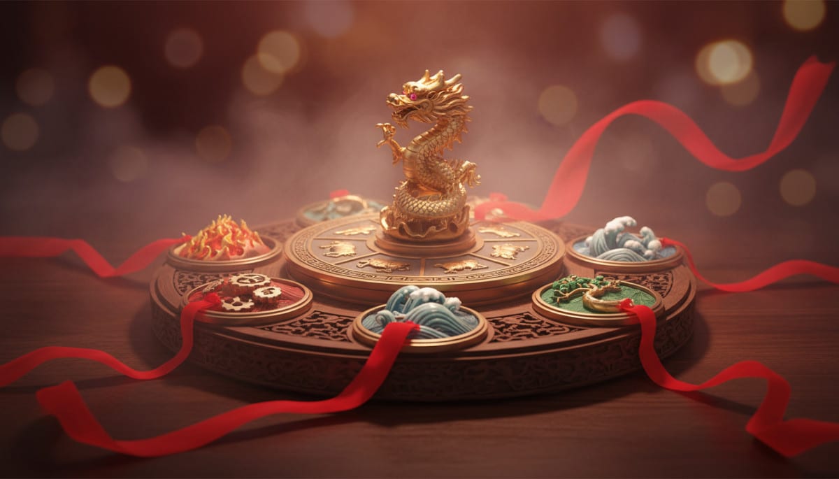 Ornate Chinese zodiac compass surrounded by five elements symbols (fire water earth metal wood), red