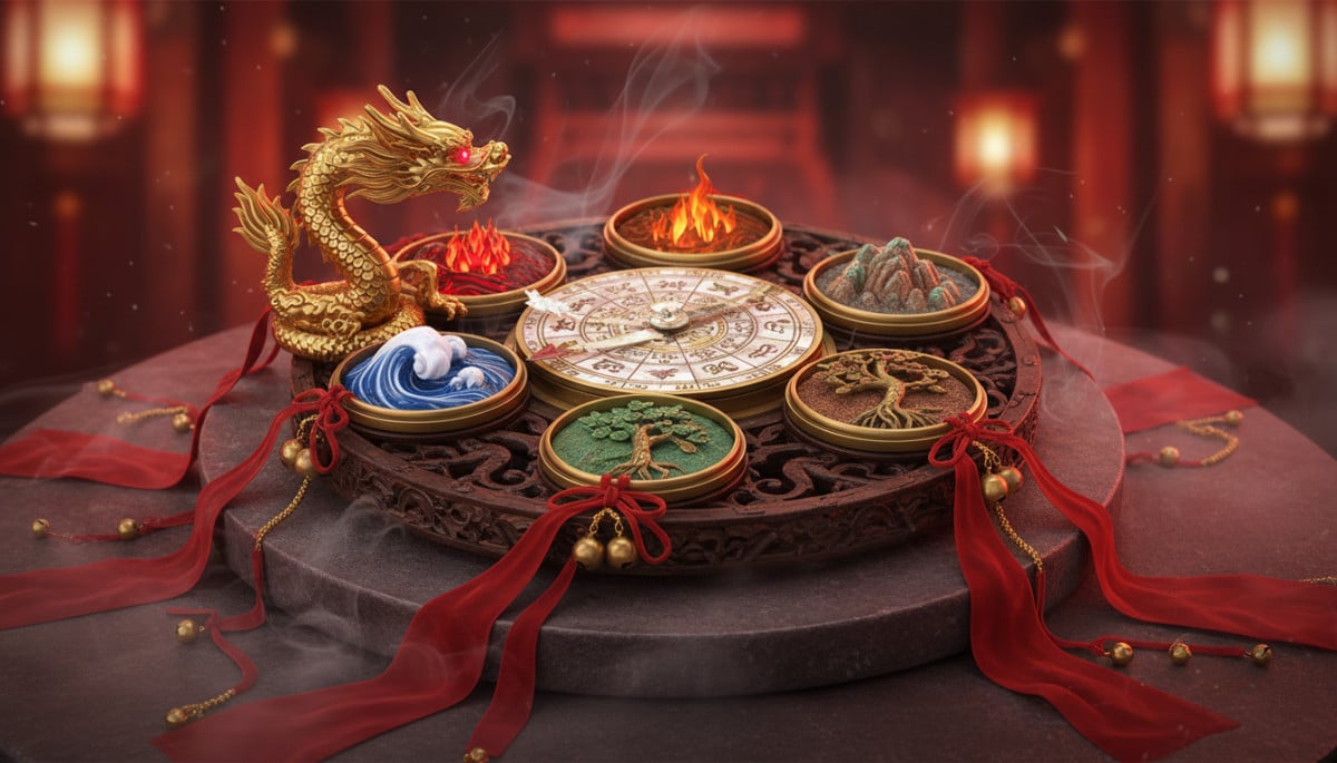 Ornate Chinese zodiac compass surrounded by five elements symbols (fire water earth metal wood), red