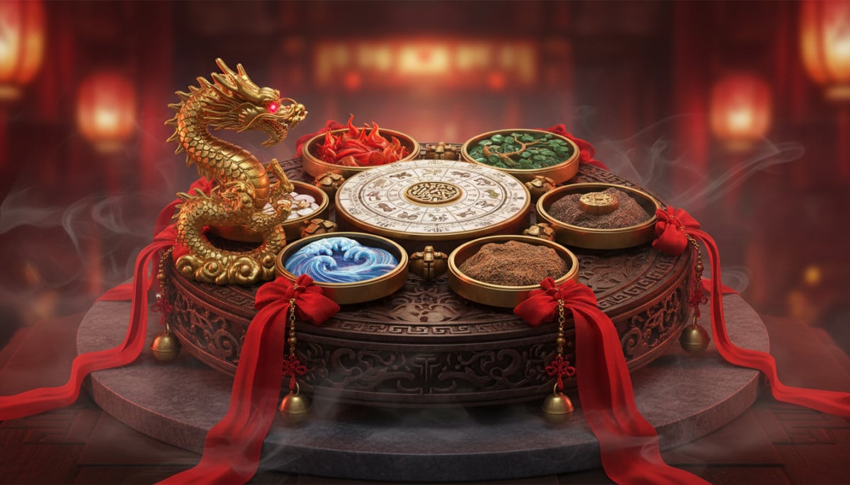 Ornate Chinese zodiac compass surrounded by five elements symbols (fire water earth metal wood), red