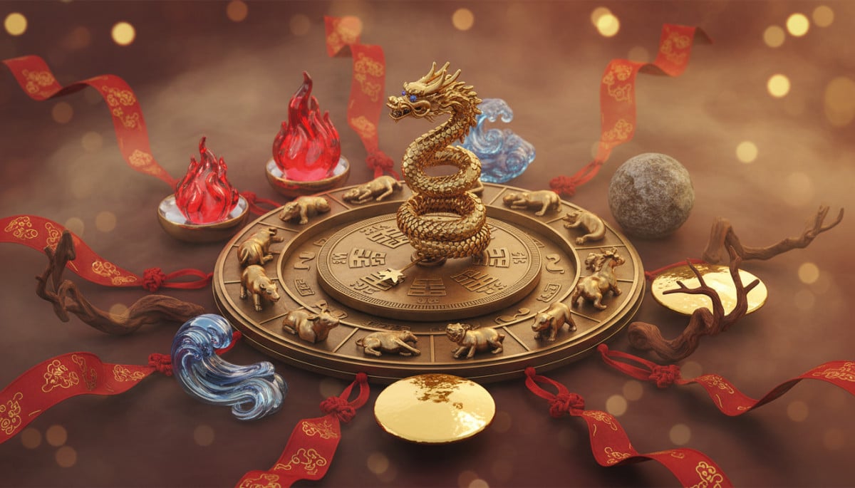 Ornate Chinese zodiac compass surrounded by five elements symbols (fire water earth metal wood), red