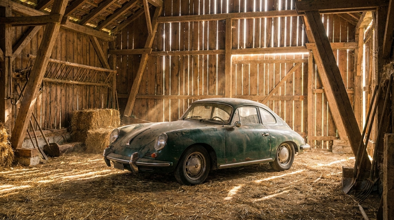 Porsche 356 verte poussiéreuse dans une grange en bois