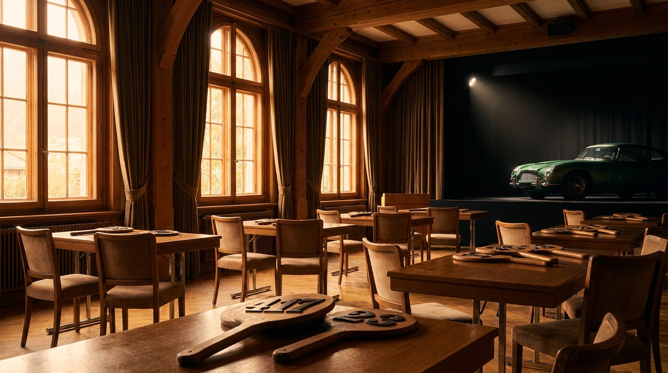 Salle de ventes aux enchères avec palettes numérotées levées