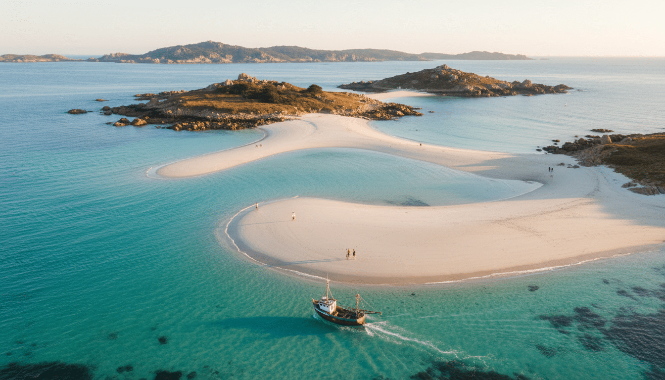 Vue aérienne de l'archipel des Glénan et ses eaux turquoise