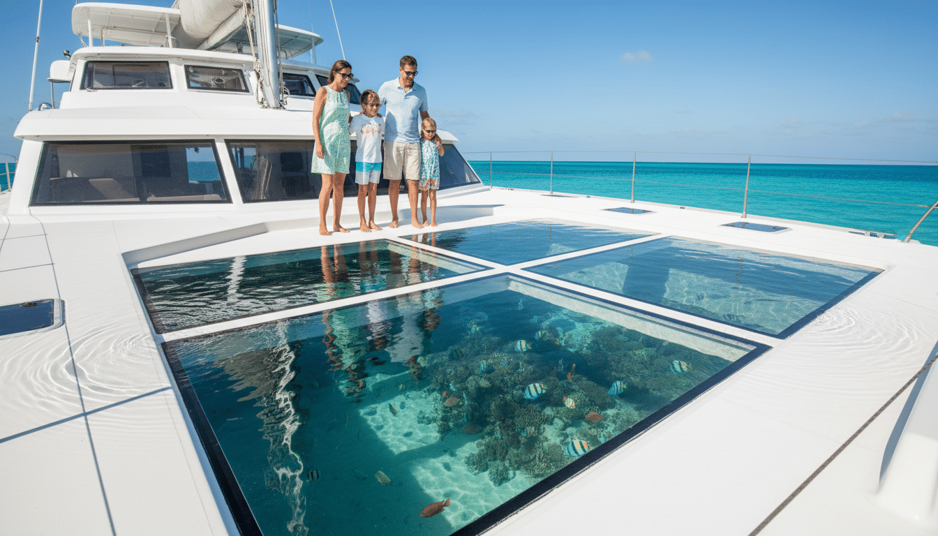 Famille sur un catamaran à vision sous-marine aux Glénan