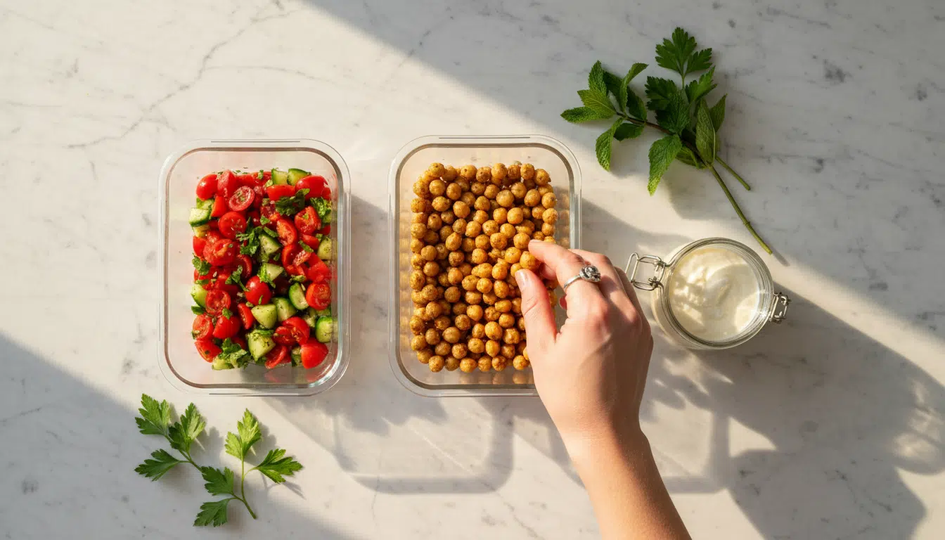 Préparation meal prep salade pois chiches en boîtes séparées