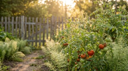Potager avec pieds de tomates et prêle des champs au bord