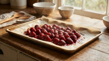 Fraises rôties caramélisées sur plaque de cuisson sortant du four