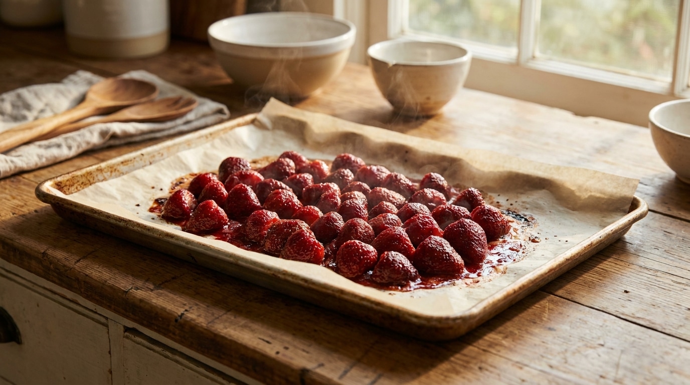 Fraises rôties caramélisées sur plaque de cuisson sortant du four