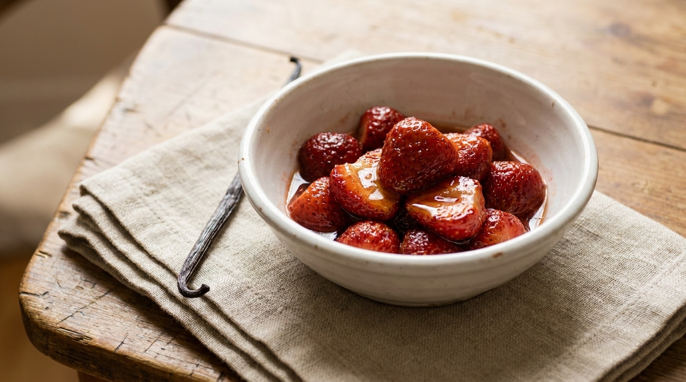 Bol de fraises rôties avec filet de citron et gousse de vanille