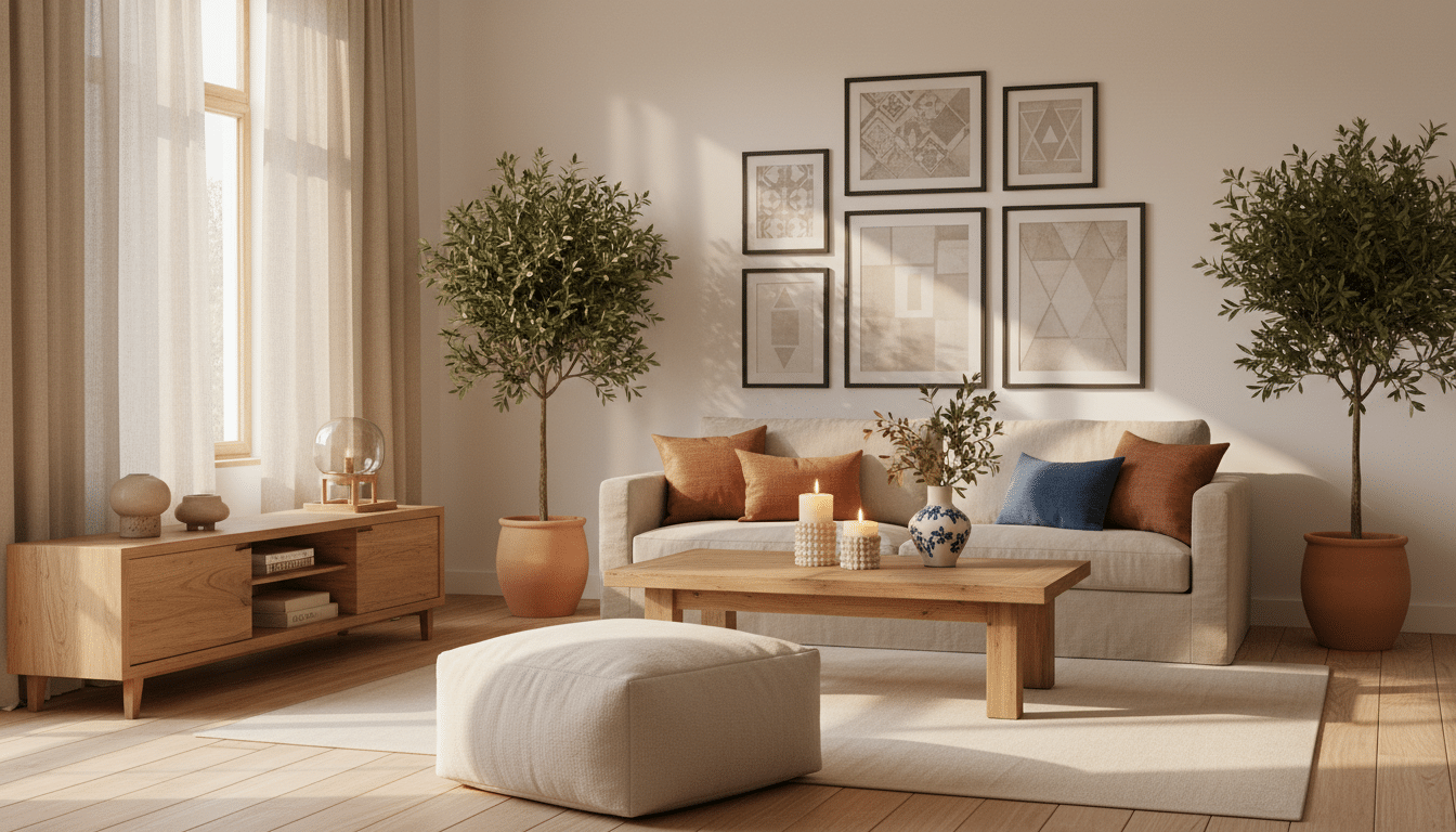 Salon blanc chaud décoré avec bois naturel et cadres noirs mat