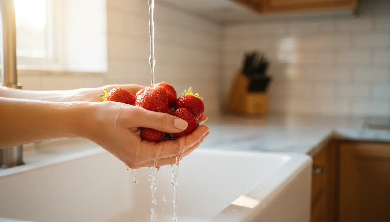 Mains rinçant des fraises sous l'eau du robinet