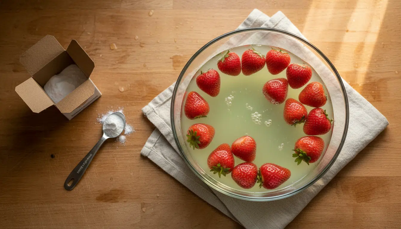 Fraises trempant dans un bain de bicarbonate trouble