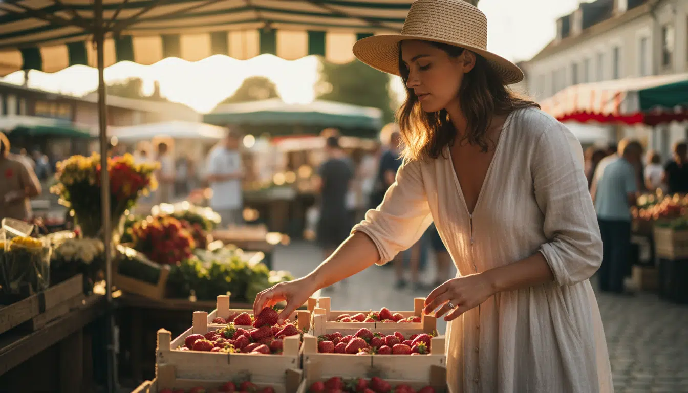 Femme choisissant des fraises sur un marché en été